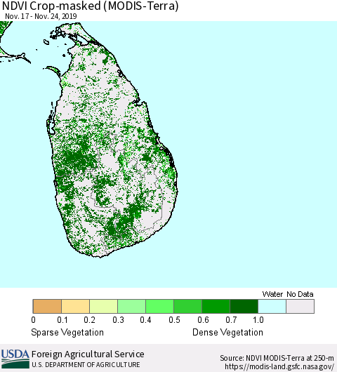 Sri Lanka Cropland NDVI (Terra-MODIS) Thematic Map For 11/21/2019 - 11/30/2019