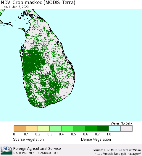 Sri Lanka Cropland NDVI (Terra-MODIS) Thematic Map For 1/1/2020 - 1/10/2020