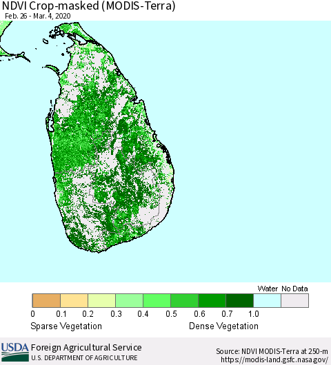 Sri Lanka Cropland NDVI (Terra-MODIS) Thematic Map For 3/1/2020 - 3/10/2020