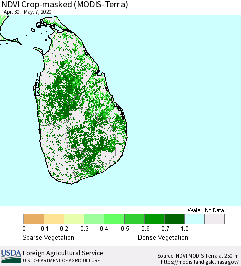 Sri Lanka NDVI Crop-masked (MODIS-Terra) Thematic Map For 5/1/2020 - 5/10/2020