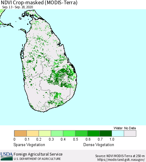 Sri Lanka NDVI Crop-masked (MODIS-Terra) Thematic Map For 9/11/2020 - 9/20/2020