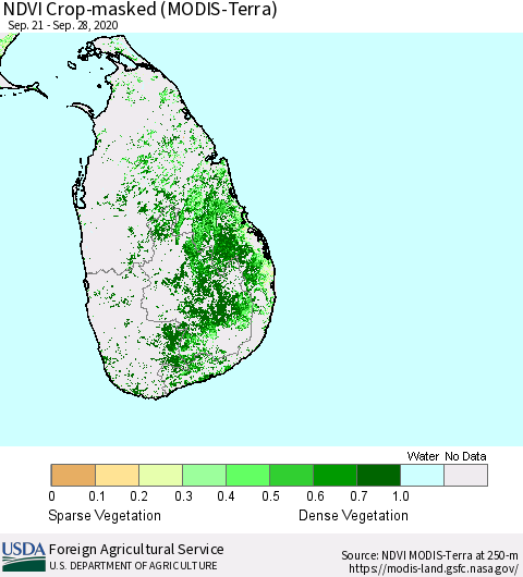 Sri Lanka Cropland NDVI (Terra-MODIS) Thematic Map For 9/21/2020 - 9/30/2020
