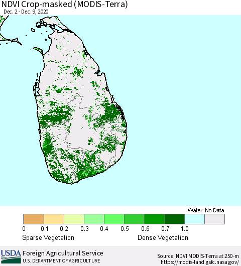 Sri Lanka Cropland NDVI (Terra-MODIS) Thematic Map For 12/1/2020 - 12/10/2020