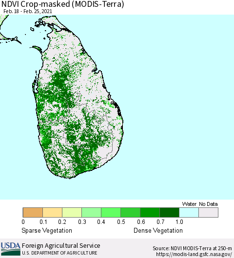 Sri Lanka NDVI Crop-masked (MODIS-Terra) Thematic Map For 2/21/2021 - 2/28/2021