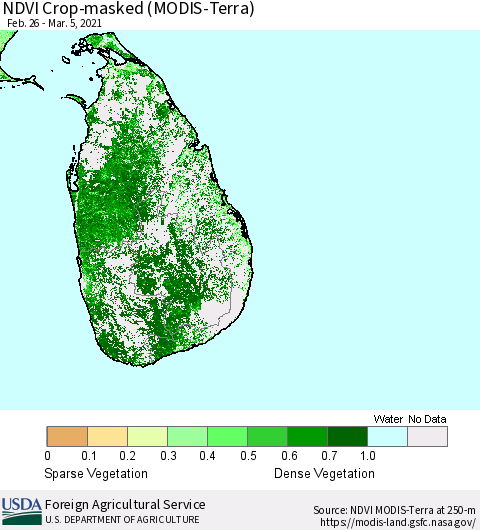 Sri Lanka NDVI Crop-masked (MODIS-Terra) Thematic Map For 3/1/2021 - 3/10/2021