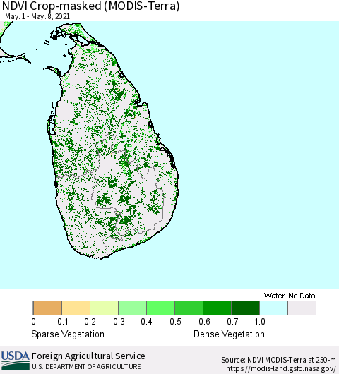 Sri Lanka Cropland NDVI (Terra-MODIS) Thematic Map For 5/1/2021 - 5/10/2021