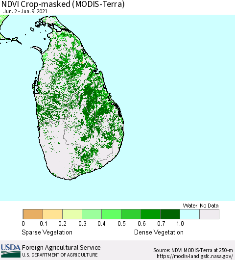 Sri Lanka Cropland NDVI (Terra-MODIS) Thematic Map For 6/1/2021 - 6/10/2021