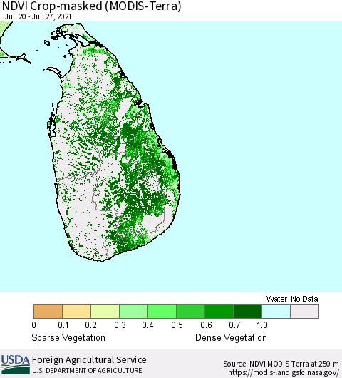 Sri Lanka Cropland NDVI (Terra-MODIS) Thematic Map For 7/21/2021 - 7/31/2021