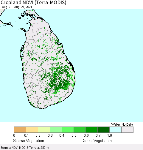 Sri Lanka Cropland NDVI (Terra-MODIS) Thematic Map For 8/21/2021 - 8/28/2021