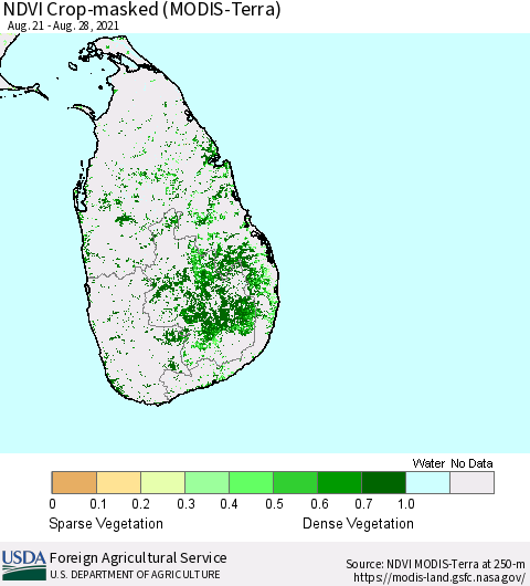 Sri Lanka Cropland NDVI (Terra-MODIS) Thematic Map For 8/21/2021 - 8/31/2021