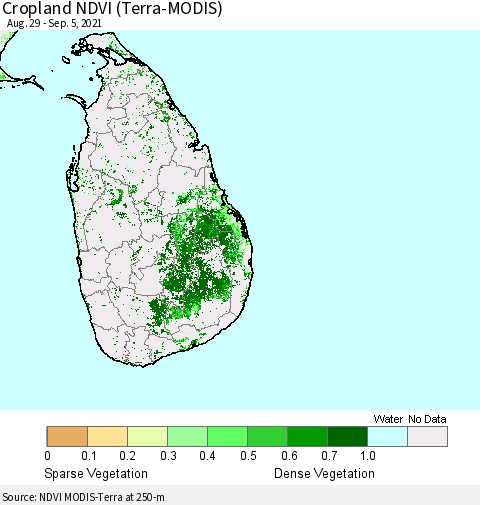 Sri Lanka Cropland NDVI (Terra-MODIS) Thematic Map For 8/29/2021 - 9/5/2021