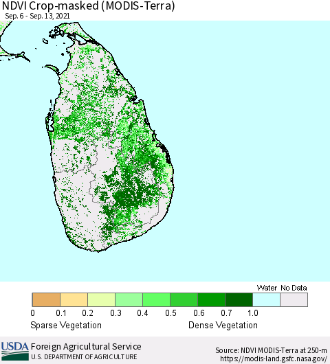 Sri Lanka Cropland NDVI (Terra-MODIS) Thematic Map For 9/11/2021 - 9/20/2021