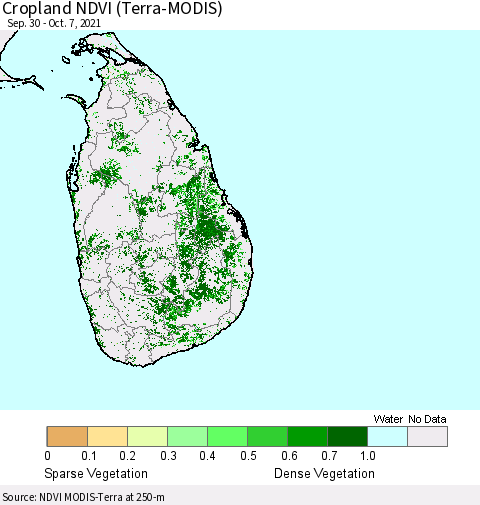 Sri Lanka Cropland NDVI (Terra-MODIS) Thematic Map For 9/30/2021 - 10/7/2021