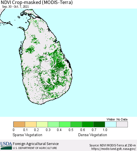 Sri Lanka NDVI Crop-masked (MODIS-Terra) Thematic Map For 10/1/2021 - 10/10/2021