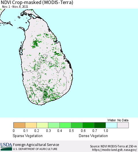 Sri Lanka NDVI Crop-masked (MODIS-Terra) Thematic Map For 11/1/2021 - 11/10/2021