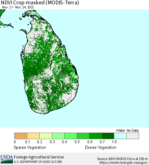 Sri Lanka NDVI Crop-masked (MODIS-Terra) Thematic Map For 11/21/2021 - 11/30/2021