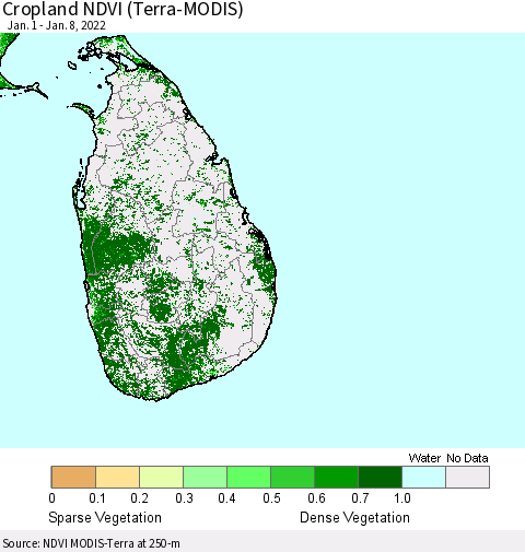 Sri Lanka Cropland NDVI (Terra-MODIS) Thematic Map For 1/1/2022 - 1/8/2022