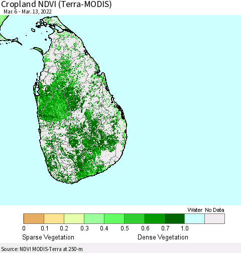 Sri Lanka Cropland NDVI (Terra-MODIS) Thematic Map For 3/6/2022 - 3/13/2022