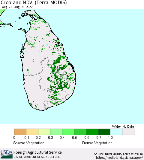 Sri Lanka Cropland NDVI (Terra-MODIS) Thematic Map For 8/21/2022 - 8/31/2022