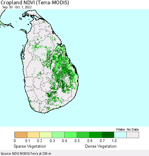 Sri Lanka Cropland NDVI (Terra-MODIS) Thematic Map For 9/30/2022 - 10/7/2022