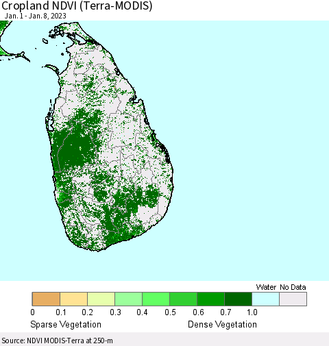 Sri Lanka Cropland NDVI (Terra-MODIS) Thematic Map For 1/1/2023 - 1/8/2023