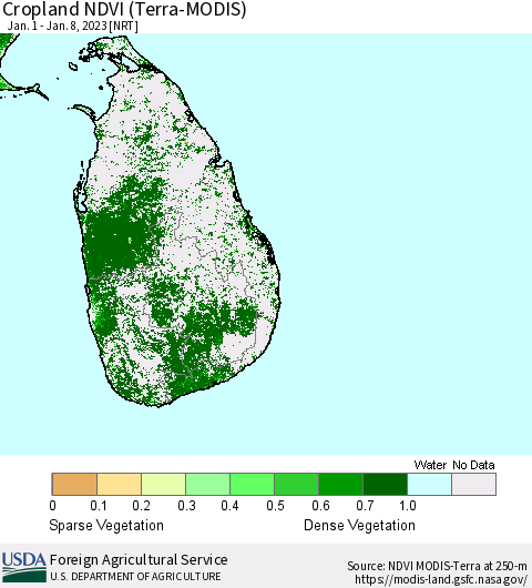 Sri Lanka Cropland NDVI (Terra-MODIS) Thematic Map For 1/1/2023 - 1/10/2023