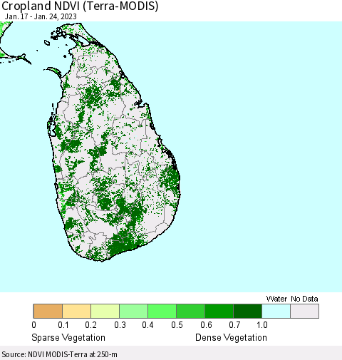 Sri Lanka Cropland NDVI (Terra-MODIS) Thematic Map For 1/17/2023 - 1/24/2023