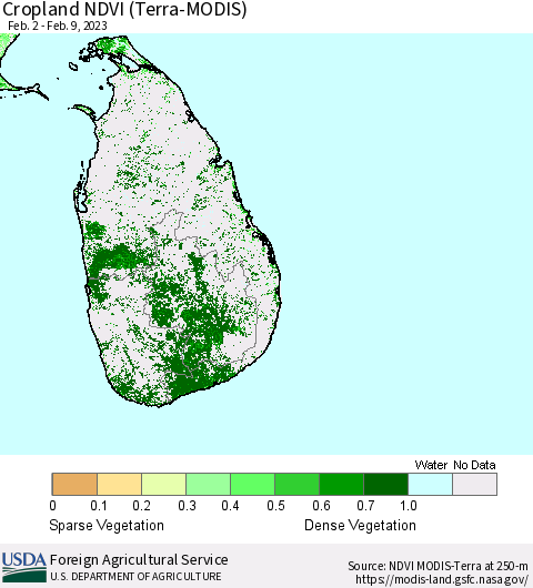 Sri Lanka Cropland NDVI (Terra-MODIS) Thematic Map For 2/1/2023 - 2/10/2023