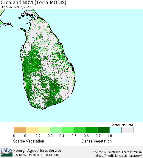 Sri Lanka Cropland NDVI (Terra-MODIS) Thematic Map For 3/1/2023 - 3/10/2023