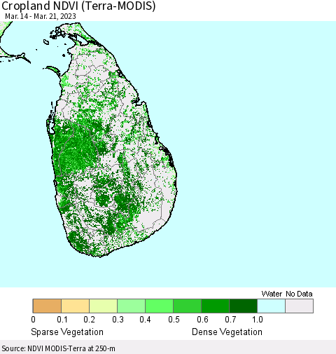 Sri Lanka Cropland NDVI (Terra-MODIS) Thematic Map For 3/14/2023 - 3/21/2023