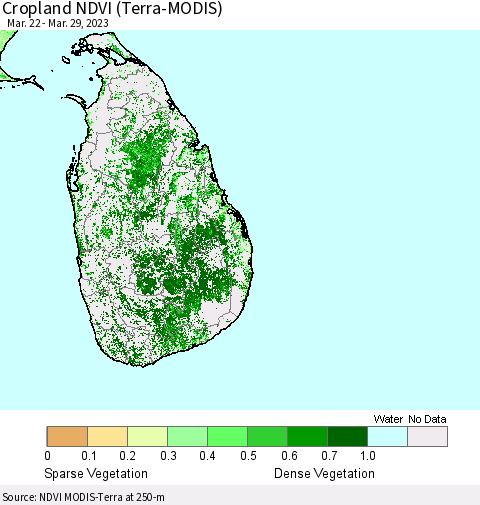 Sri Lanka Cropland NDVI (Terra-MODIS) Thematic Map For 3/22/2023 - 3/29/2023