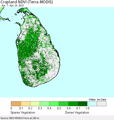 Sri Lanka Cropland NDVI (Terra-MODIS) Thematic Map For 4/7/2023 - 4/14/2023