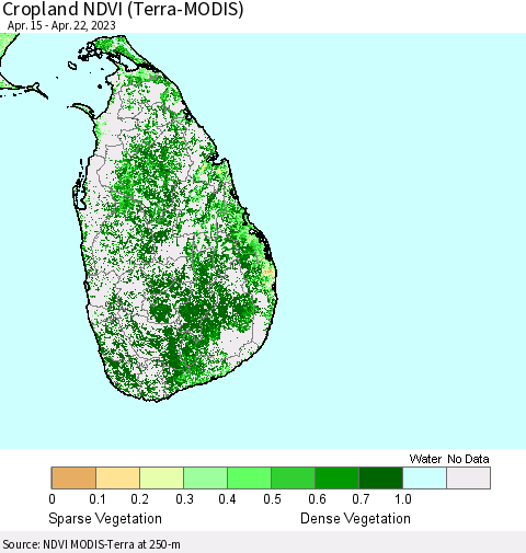 Sri Lanka Cropland NDVI (Terra-MODIS) Thematic Map For 4/15/2023 - 4/22/2023