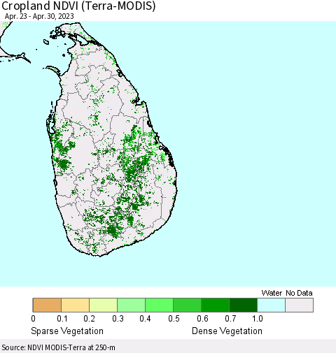 Sri Lanka Cropland NDVI (Terra-MODIS) Thematic Map For 4/21/2023 - 4/30/2023