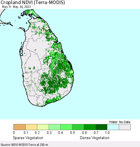 Sri Lanka Cropland NDVI (Terra-MODIS) Thematic Map For 5/9/2023 - 5/16/2023