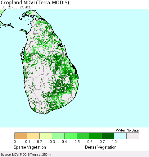 Sri Lanka Cropland NDVI (Terra-MODIS) Thematic Map For 7/20/2023 - 7/27/2023