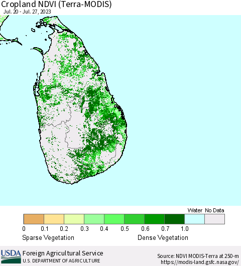 Sri Lanka Cropland NDVI (Terra-MODIS) Thematic Map For 7/21/2023 - 7/31/2023