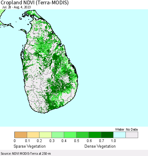 Sri Lanka Cropland NDVI (Terra-MODIS) Thematic Map For 7/28/2023 - 8/4/2023