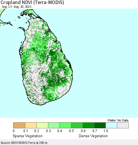 Sri Lanka Cropland NDVI (Terra-MODIS) Thematic Map For 8/11/2023 - 8/20/2023