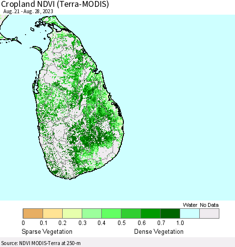 Sri Lanka Cropland NDVI (Terra-MODIS) Thematic Map For 8/21/2023 - 8/28/2023