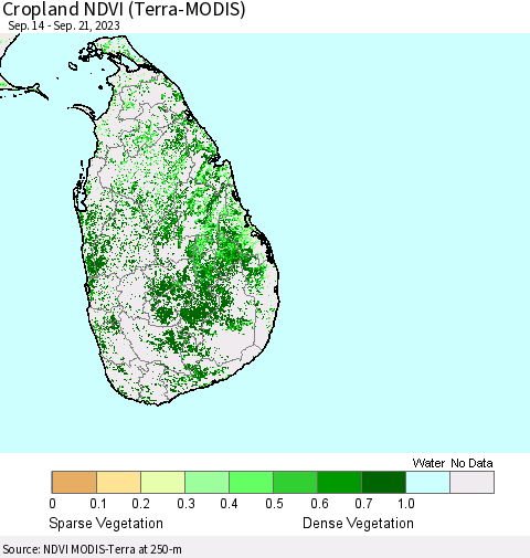 Sri Lanka Cropland NDVI (Terra-MODIS) Thematic Map For 9/14/2023 - 9/21/2023