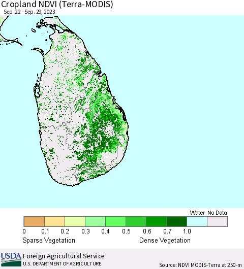 Sri Lanka Cropland NDVI (Terra-MODIS) Thematic Map For 9/21/2023 - 9/30/2023