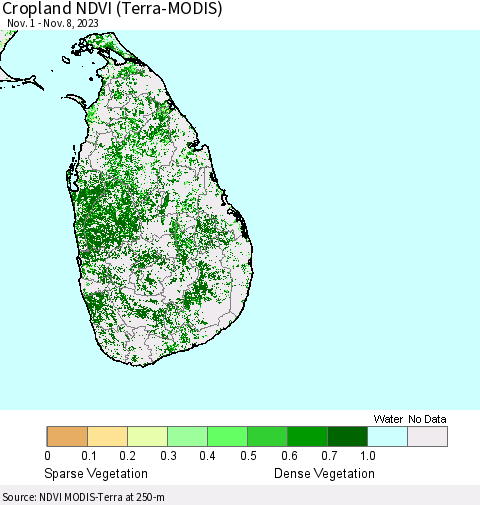 Sri Lanka Cropland NDVI (Terra-MODIS) Thematic Map For 11/1/2023 - 11/8/2023