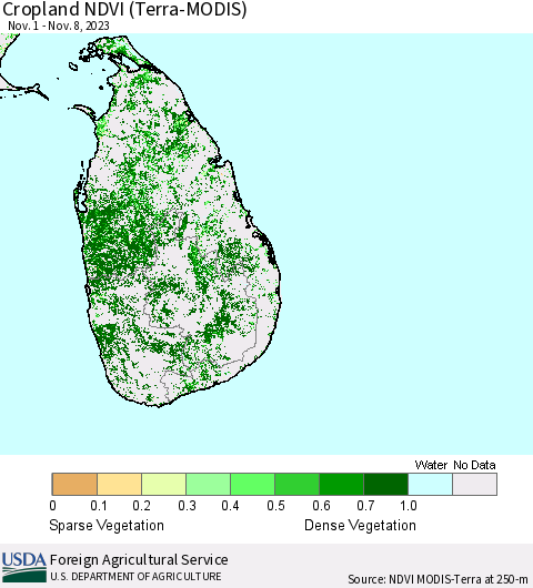 Sri Lanka Cropland NDVI (Terra-MODIS) Thematic Map For 11/1/2023 - 11/10/2023