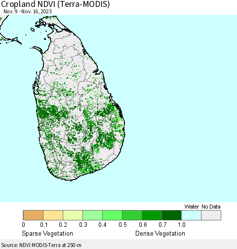 Sri Lanka Cropland NDVI (Terra-MODIS) Thematic Map For 11/9/2023 - 11/16/2023
