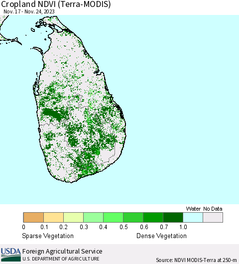 Sri Lanka Cropland NDVI (Terra-MODIS) Thematic Map For 11/21/2023 - 11/30/2023
