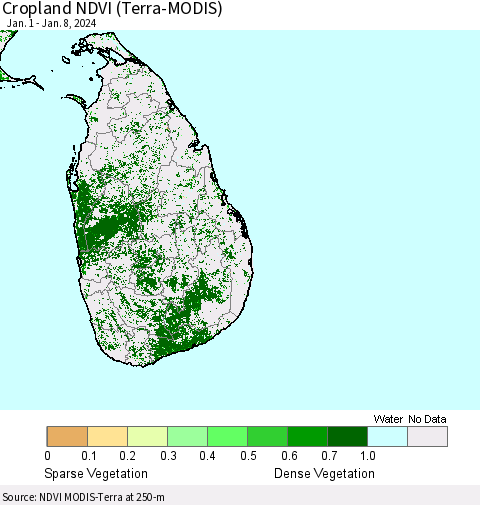 Sri Lanka Cropland NDVI (Terra-MODIS) Thematic Map For 1/1/2024 - 1/8/2024