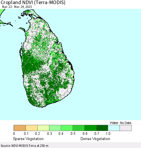 Sri Lanka Cropland NDVI (Terra-MODIS) Thematic Map For 3/22/2025 - 3/29/2025