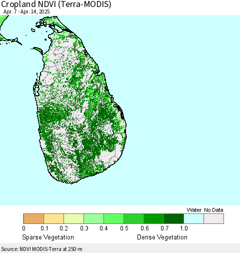 Sri Lanka Cropland NDVI (Terra-MODIS) Thematic Map For 4/7/2025 - 4/14/2025