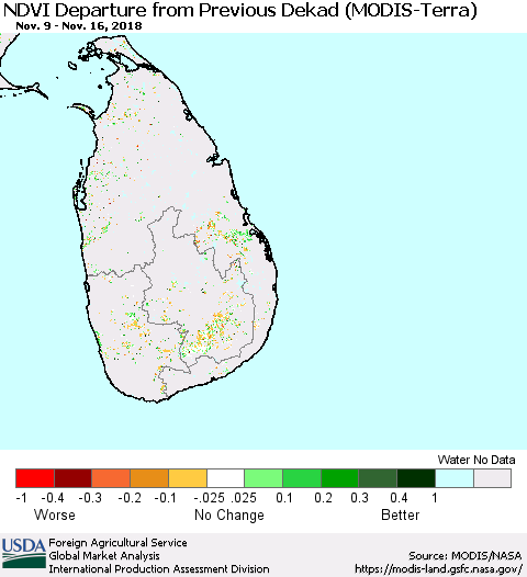 Sri Lanka NDVI Departure from Previous Dekad (Terra-MODIS) Thematic Map For 11/11/2018 - 11/20/2018